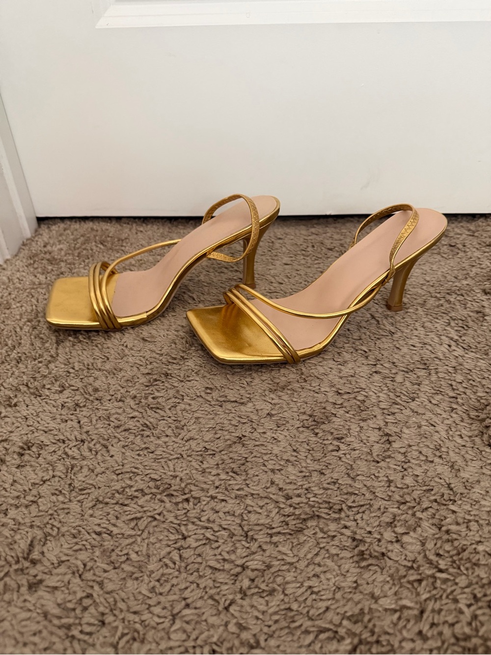 Amazon Gold Strappy Square-Toe Heeled Sandals